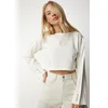 Happiness Istanbul Womens Bone Torn Detailed Knitwear Crop Sweater