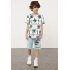 Trendyol Blue Printed Knitted Top-Bottom Set
