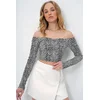 Trend Alacati Stili Ženska bluza dugih rukava Alc-X13456, Brod izrez, Crno-bela