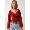 Happiness Istanbul Womens Tile Elastic Balloon Sleeve Sandy Knitted Blouse
