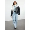 Trendyol Black Oversize Plush Detailed Faux Leather Biker Jacket Coat