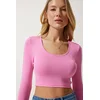 Happiness Istanbul Womens Pink U Neck Ribbed Crop Knitwear Blouse