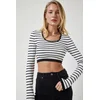 Happiness Istanbul Womens White Striped Ribbed Crop Knitwear Blouse