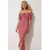 Happiness Istanbul Womens Dark Pink Carmen Collar Slit Knitted Summer Dress