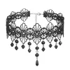 SuperLove Sexy Hollow Lace Floral Bead Pendant Choker Black