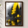 WallXpert uramljena MDF slika 3752KACT-016, osoba u žutom u čamcu ispred žutog drveta i kuće na jezeru, 37 x 52 cm