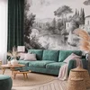 shumee Foto tapeta - Črno-bela vintage pokrajina retro pogled na ribnik s čolnom/Črno-bela vintage pokrajina z ribnikom
