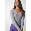 Happiness Istanbul Womens Gray Basic Corduroy V-neck Blouse