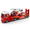 Veliki vatrogasni kamion transporter sa helikopterom i automobilom