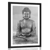 Plakat s paspartujem kip Bude v meditativnem položaju v črnobeli varianti - 30x45 no frame
