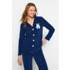 Trendyol Navy Blue Fleece Polka Dot Animal Print Shirt-Pants Knitted Pajamas Set