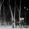 shumee Foto tapeta - Zvok gozda ponoči - minimalistična pokrajina belih dreves na črnem ozadju