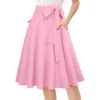 Žensko midi krilo na zvon A-linija elegantno vintage modno roza XL, plisirano krilo do kolen z okrasno pentljo v pasu, udoben material iz mešanice poliestra in elastana za vsakodnevno nošenje in