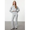Trendyol Gray Melange Wide Leg High Waist Interlock Elastic Knitted Trousers