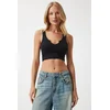 Happiness Istanbul Womens Black Strappy Crop Knitted Blouse