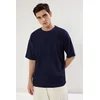 Trendyol Navy Blue Premium Oversize Crew Neck Short Sleeve Textured Ottoman T-Shirt
