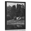 Plakat pravljične hiške pri reki v črnobeli varianti - 60x90 no frame