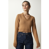 Happiness Istanbul Womens Biscuit V-Neck Crop Knitwear Sweater