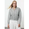 Trendyol Gray Soft Textured Zippered Stone Embroidered Jacket-Look Knitwear Cardigan