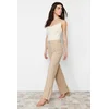 Trendyol Light Brown Straight/Straight Fit High Waist Ribbed Stitched Woven Trousers