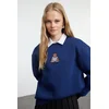 Trendyol Navy Blue Relaxed/Comfortable Pattern Embroidered Thick Knitted Sweatshirt