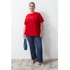 Trendyol Curve Red Slogan Printed Oversize Knitted T-shirt