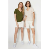 Trendyol Khaki-Beige 100% Cotton 2-Pack Basic V-Neck Knitted T-Shirt