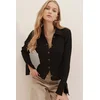 Trend Alaçati Stili Womens Black Polo Collar Buttoned Ribbed Sleeves Underwire Knitwear Blouse