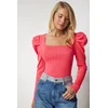 Happiness Istanbul Womens Pink Square Collar Corduroy Knitwear Blouse