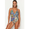 Trendyol Tropical Patterned Double Breasted Regular Leg Swimsuit
