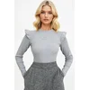 Trend Alaçati Stili Womens Greymelanj Half Turtleneck Sweater with Ruffled Shoulders