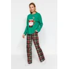 Trendyol Green 100% Cotton New Year Themed Tshirt-Pants Knitted Pajama Set