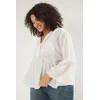 Trendyol Curve White V Neck Long Sleeve Textured Peplum Woven Plus Size Blouse