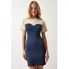 Happiness Istanbul Womens Cream Navy Color Block Wrap Mini Knitted Dress