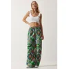 Happiness Istanbul Womens Green Orange Patterned Flowing Viscose Palazzo Trousers