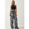 Happiness Istanbul Womens White Black Patterned Flowy Viscose Palazzo Trousers