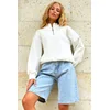 Trend Alaçati Stili Womens White Stand Collar Zippered Inside Raised 3 Thread Crop Sweatshirt