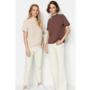 Trendyol Brown-Beige 2-Pack 100% Cotton Basic Stand Up Collar Knitted T-Shirt