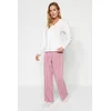 Trendyol White Striped Fleece Tshirt-Pants Knitted Pajamas Set
