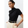 Trendyol Black Shirring/Drape Detailed Fitted/Fitted Short Sleeve Stand Collar Stretch Knitted Blouse