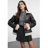 Trendyol Dark Brown Regular Collar Belt Detailed Plush Faux Leather Biker Jacket Coat