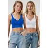 Happiness Istanbul Womens Cobalt Blue White Strappy 2-Pack Crop Knitted Blouse