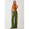Happiness Istanbul Womens Green Yellow Patterned Flowing Viscose Palazzo Trousers