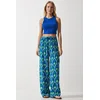 Happiness Istanbul Womens Blue Green Patterned Flowing Viscose Palazzo Trousers