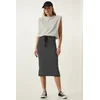 Happiness Istanbul Womens Black Striped Slit Wrap Knitted Skirt