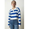 Happiness Istanbul Womens White Blue Stylish Buttoned Collar Striped Crop Knitwear Sweater