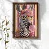 WallXpert uramljena MDF slika NAL029-46, zebra sa roze naočarima, cvetnim vencem i balonom od žvake, 35,5 x 47 cm