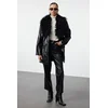 Trendyol Black Oversize Molded Collar Faux Leather Jacket Coat with Fur Detail
