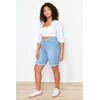 Trendyol Curve Blue Leg Tassel Detailed Stretchy Skinny Denim Shorts