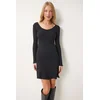 Happiness Istanbul Womens Black V Neck Ribbed Bell Knit Dress